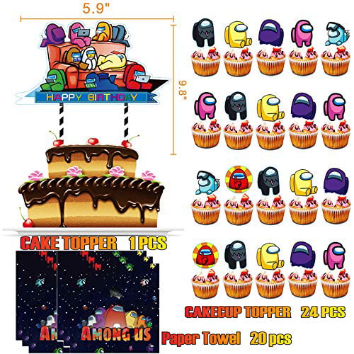 Balloons Birthday Party Supplies Cupcake Toppers Among Us Party Decorations Set for Kids with Happy Birthday Banner Garland Cake Topper 